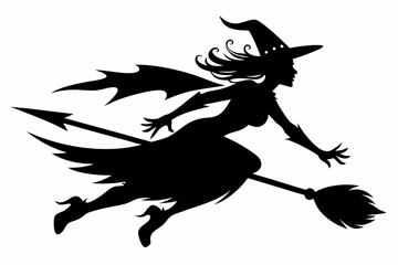 Fototapeta premium witch flying on a broomstick line art silhouette vector illustration