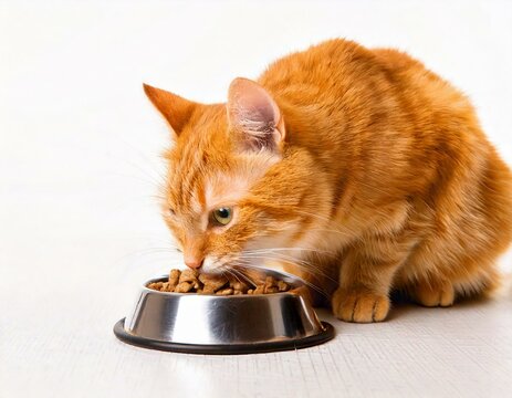 chat roux mangeant des croquettes dans une gamelle