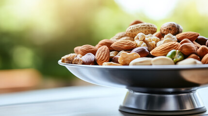 Fototapeta premium Weight scale with nuts balanced on a wooden surface, symbolizing the delicate equilibrium between nature's bounty and human consumption 