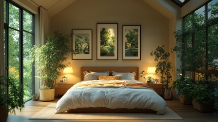 Fototapeta premium Cozy bedroom with plants and natural light.