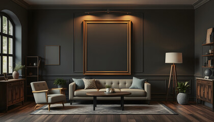 Frame mockup in dark vintage interior with wooden furniture, 3d render, Colored gel lighting, with white tones