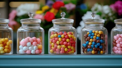 Colorful Candy Jars Displayed on a Decorative Table