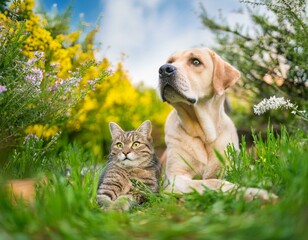chien labrador et chat tigré au jardin au printemps