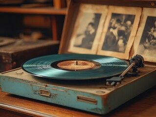 Vintage Record Player with Black-and-White Concert on Display