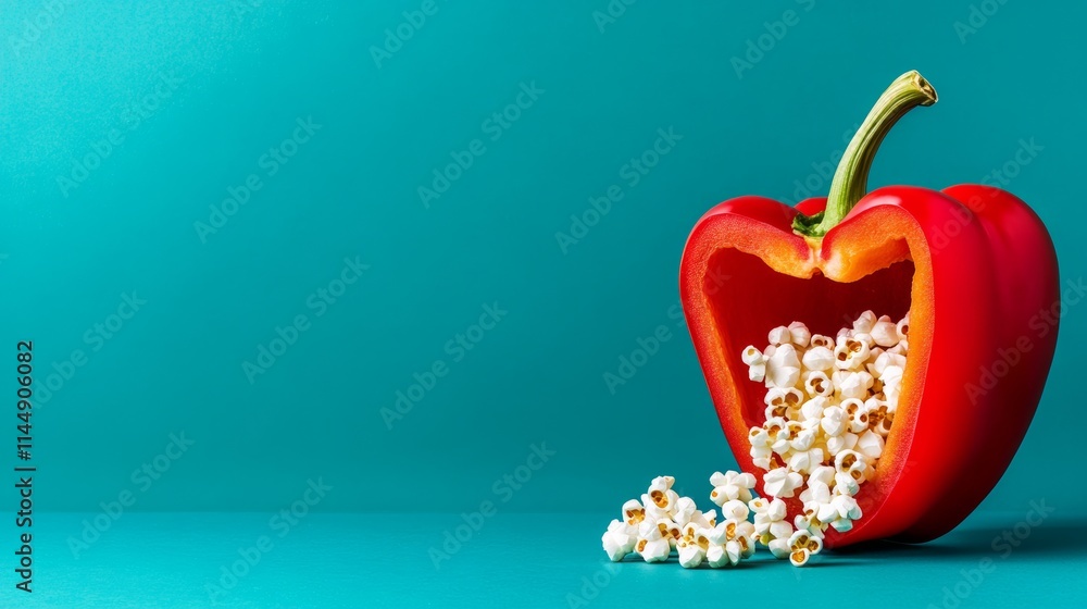 Aufkleber red pepper with popcorn inside of it. the image has a playful and fun mood. the red pepper is cut in