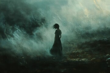 Woman in dress stands amidst swirling, dark mist.