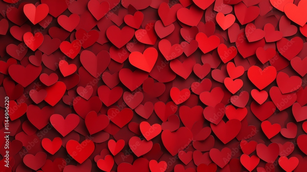 Poster red background with many hearts scattered throughout. the hearts are all different sizes and are pla