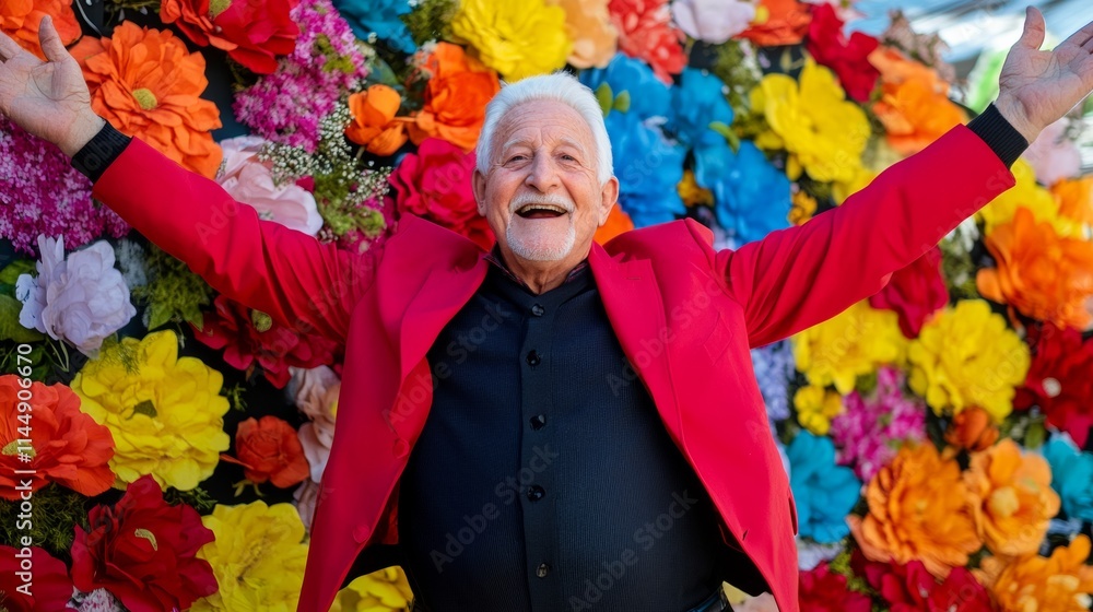 Poster man in a red jacket is standing in front of a colorful wall of flowers. he is smiling and he is happ