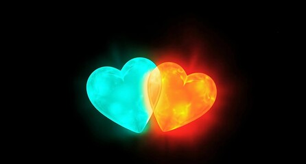 blue and red glowing love hearts with a black background
