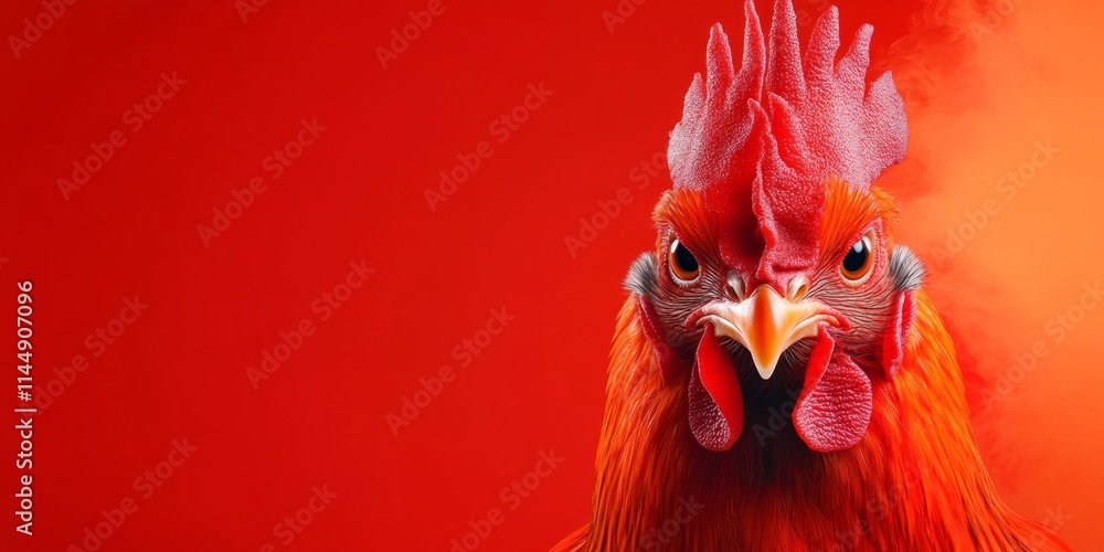Poster rooster with a red head and red feathers. the rooster is looking at the camera with a stern expressi