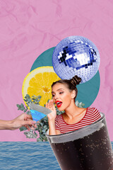 Composite trend artwork 3D sketch image photo collage of party carefree relax disco ball young lady...