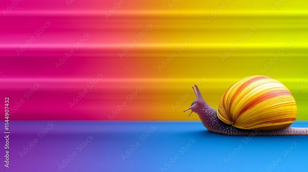 Poster colorful background with a yellow and orange snail on it. the snail is looking up and he is in a pla