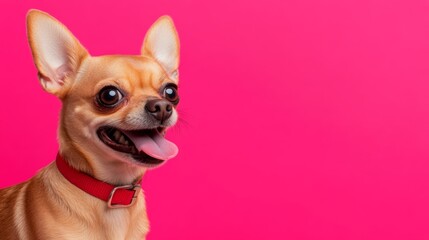 Obraz premium Small brown dog with a red collar is smiling and looking at the camera. The pink background adds a pop of color and creates a cheerful atmosphere