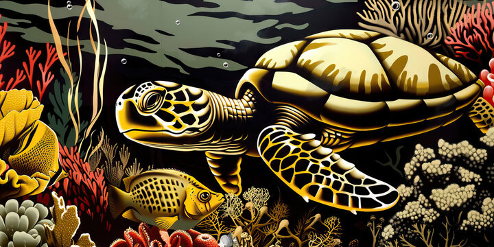 Stylized Illustration of a Sea Turtle in a Coral Reef Environment