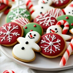 Obraz premium A plate of colorful Christmas cookies shaped like snowmen and candy canes, arranged neatly on a white surface