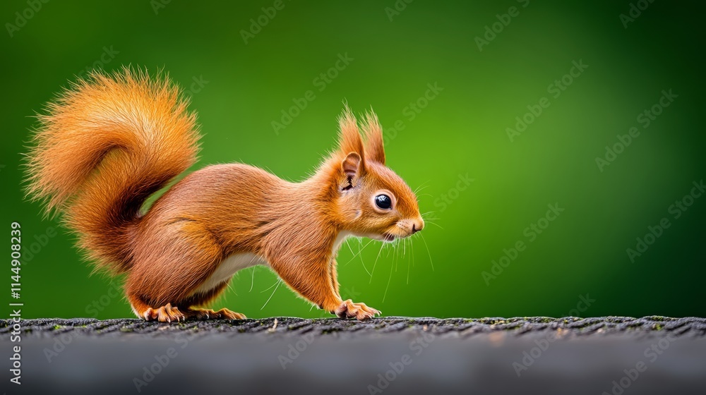 Poster small brown squirrel is standing on a ledge. the image has a calm and peaceful mood, as the squirrel