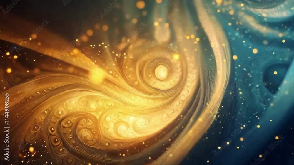 Poster golden swirls and particles create a mesmerizing abstract background, perfect for projects related t