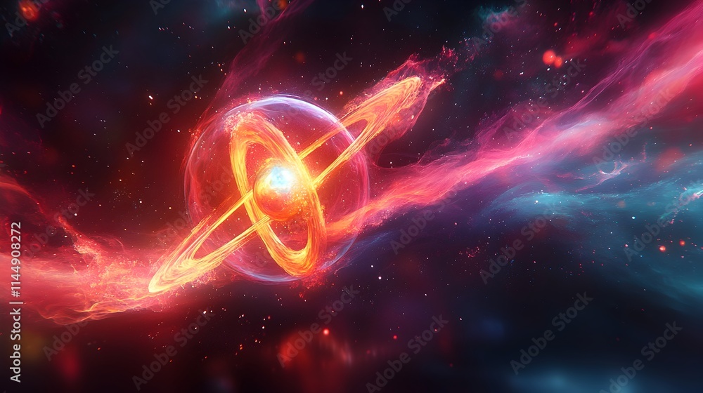 Poster vibrant abstract visualization of a technetium atom exploring its quantum mechanical nature and role