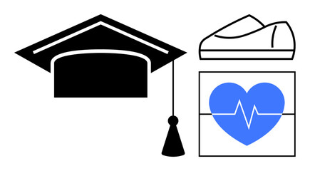 Graduation cap, heartbeat icon, and shoe symbolize education, health, and fitness. Ideal for educational materials, healthcare promotions, fitness campaigns, lifestyle branding, holistic wellness