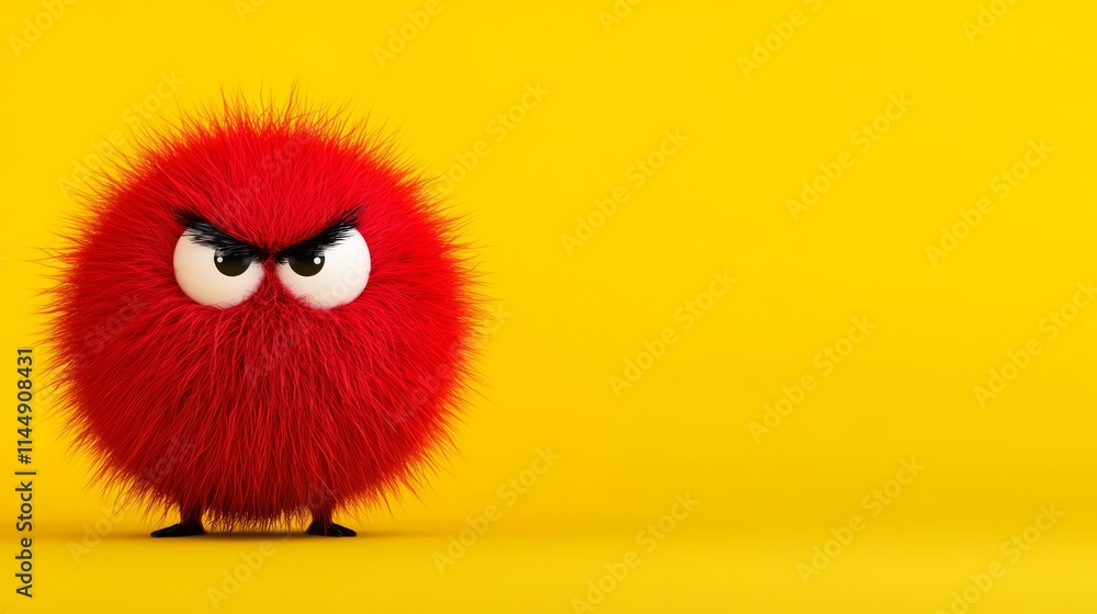 Poster red fuzzy ball with an angry expression on its face. the ball is standing on a yellow background