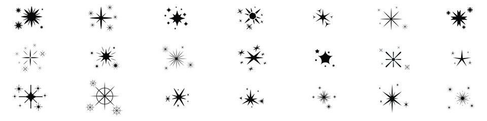 Sparkle star icons set. Set of Star shapes. Black stars icon set. Twinkling stars. Shine icon. sparkles. blink icon. shining burst. Christmas, magic, pattern, twinkle, light, design, logo, vector