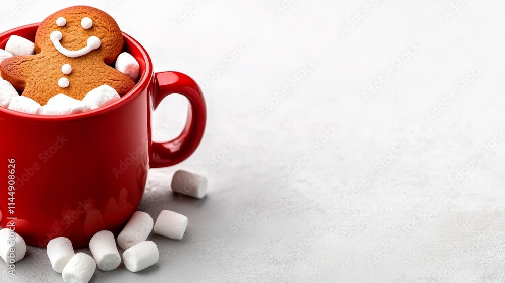 Poster red mug with a cookie and marshmallows in it. the cookie is a gingerbread man