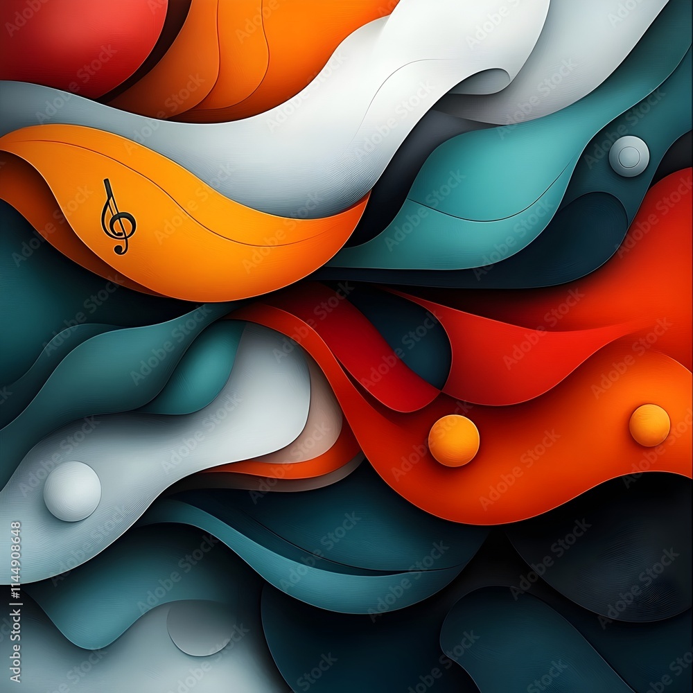 Poster vibrant visualization of musical genre popularity through abstract waveforms and symbols dynamic dig