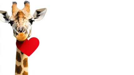 Giraffe is holding a red heart in its mouth. The giraffe is looking at the camera with a smile on its face. Concept of warmth and happiness, as the giraffe is holding a symbol of love