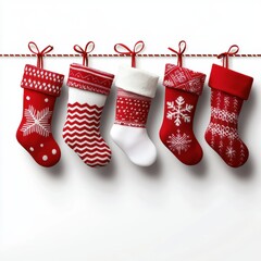 Red and white Christmas stockings hanging in a straight line, with intricate patterns, against a white background