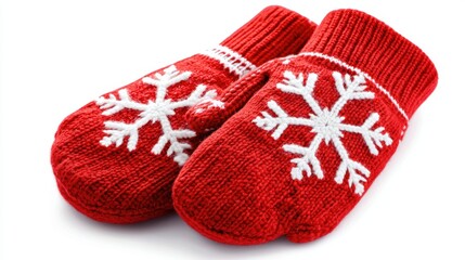 A pair of red mittens with white snowflake patterns, isolated on a white background.