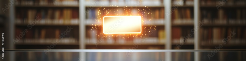 Poster glowing library card displayed mid-air above reflective desk with blurred bookshelf background