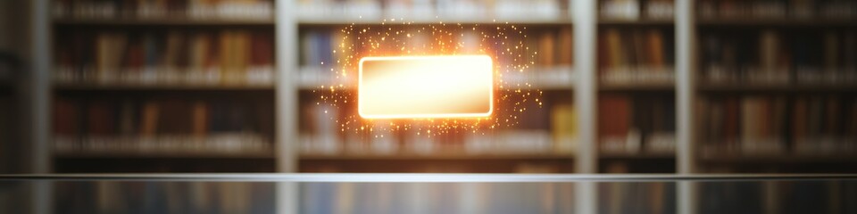 glowing library card displayed mid-air above reflective desk with blurred bookshelf background