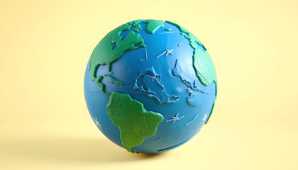 Fototapeta premium Earth Globe Modeling from Plasticine Blue and Green Clay. 3d Rendering, isometry, with white tones