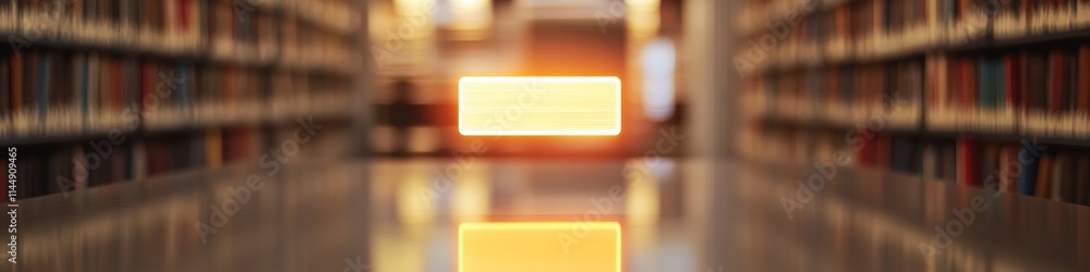 Poster glowing library card displayed mid-air above reflective desk with blurred bookshelf background
