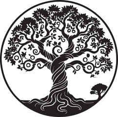 Banyan tree silhouette vector art illustration. Black and white Banyan tree vector illustration.