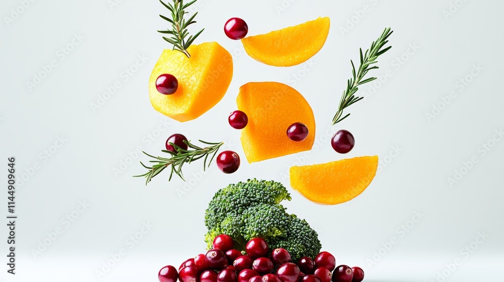 Poster fruit salad with oranges, cranberries, and broccoli. the oranges are sliced and scattered around the
