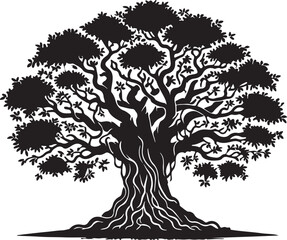 Banyan tree silhouette vector art illustration. Black and white Banyan tree vector illustration.