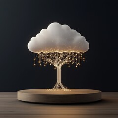 A luminous cloud-shaped tree with glowing branches, symbolizing creativity and innovation, set against a dark background.