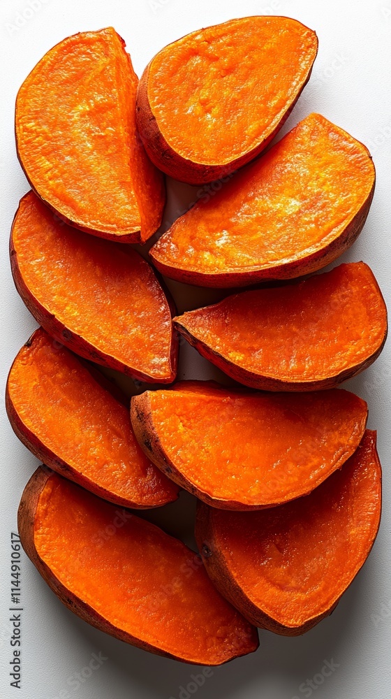 Poster close up of orange slices of carrots. the slices are arranged in a row, with some overlapping each o
