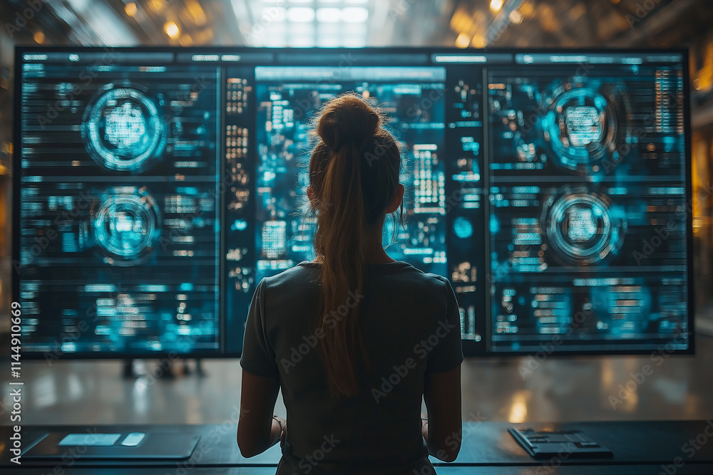 Poster diverse team of data scientists collaborates in a futuristic workspace at dawn. generative ai