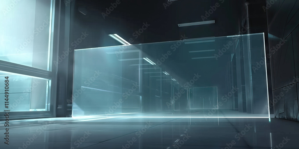 Poster digital rendering of modern hallway with translucent glass partition