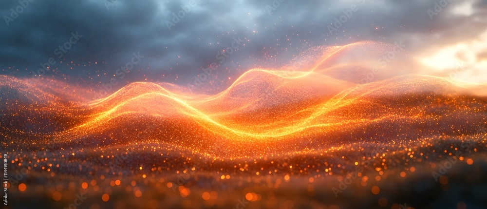 Poster mesmerizing animation showcasing the flow and undulation of light particles in a serene natural land