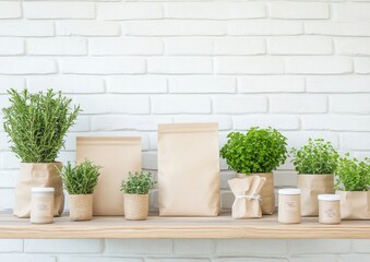 Minimalist Display of Organic Plants and Eco-Friendly Packaging on a Wooden Shelf
