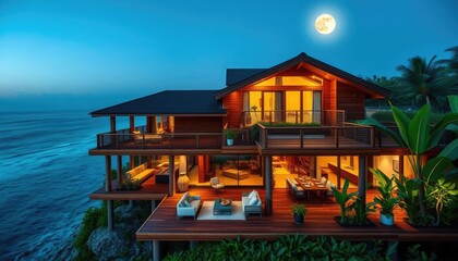 Obraz premium A wooden house with an open terrace overlooking the ocean at night