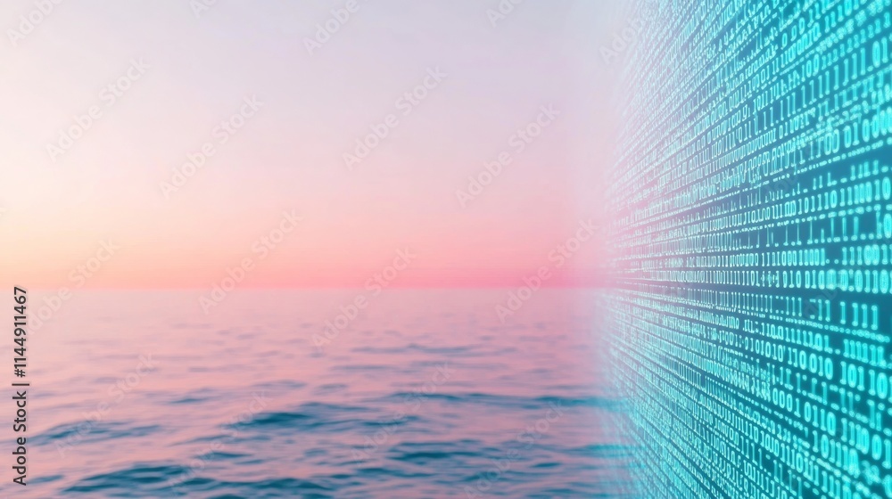 Poster sunset over digital ocean encrypted communication and data privacy in abstract seascape