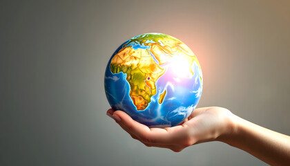 hand holding earth globe, enhance, with white tones