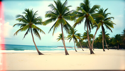 Fototapeta premium Tropical sandy ocean beach with palm trees vintage toned with film distress flare, dinamic scene, with white tones