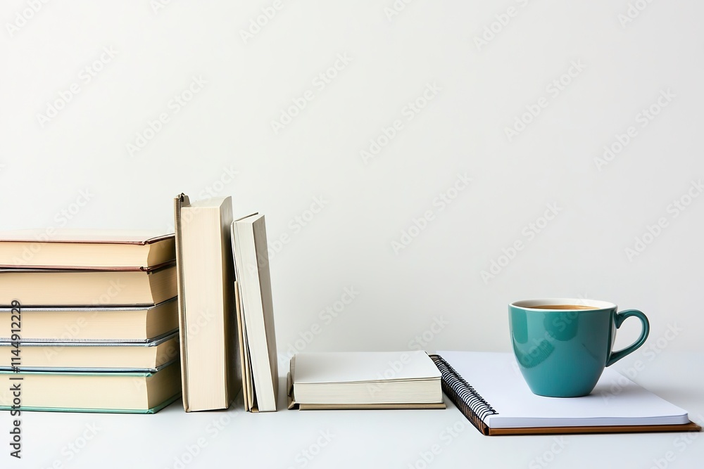 Poster simple study setup with textbooks cup of coffee and notebook