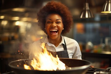 Enthusiastic african american female chef laughs joyfully while cooking with fire in a professional kitchen, showcasing her passion for culinary arts
