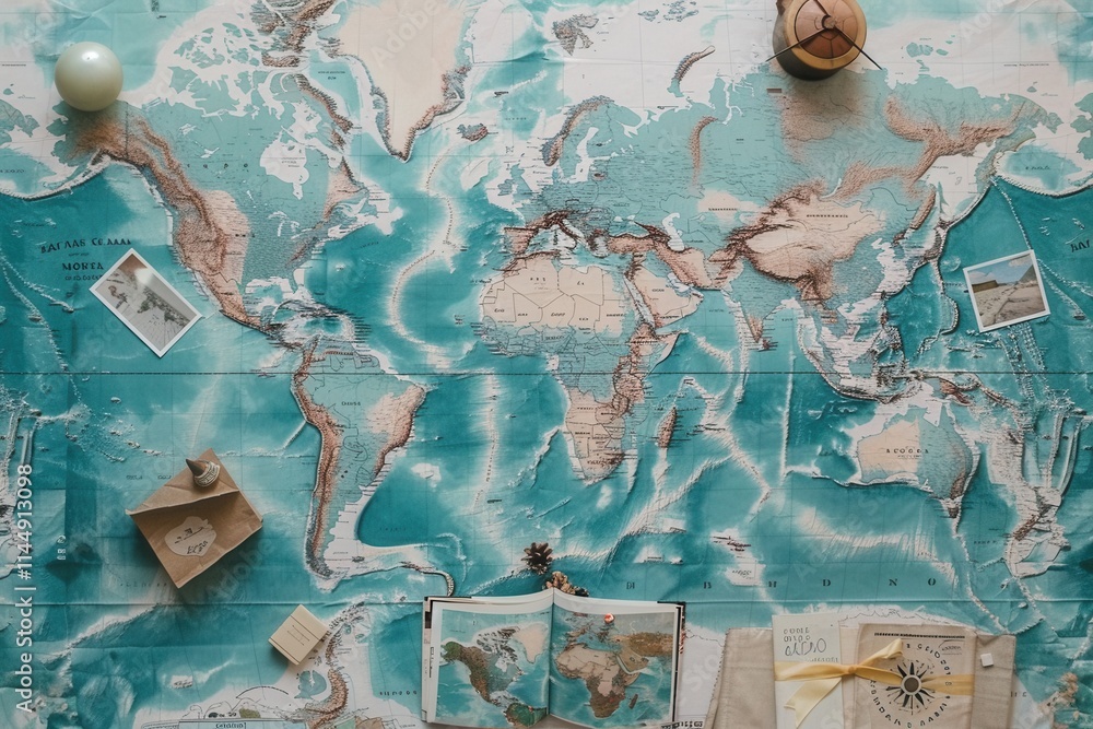 Poster Travel memories captured on a world map backdrop with travel photos and decorative elements. Generative AI
